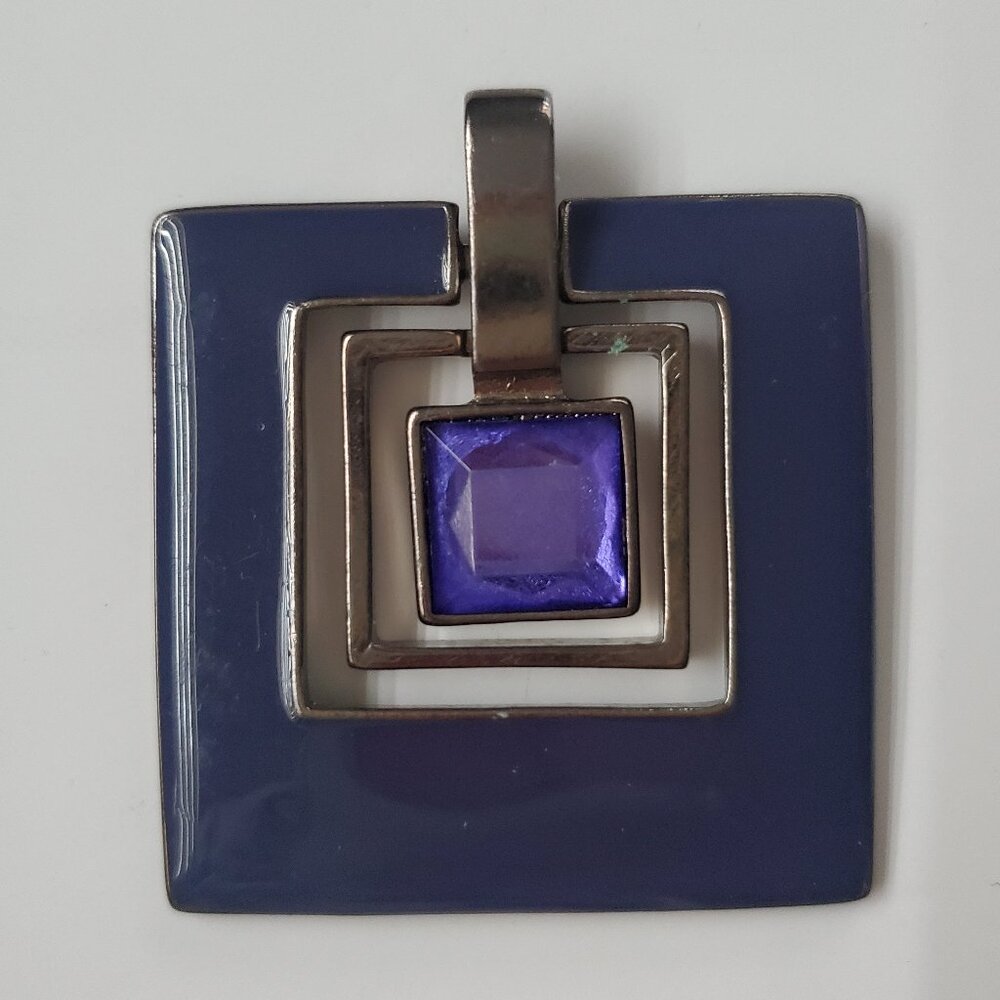 Bold Trio Square Pendant Gun Metal Base Violet Enamel & Purple Faceted Stone